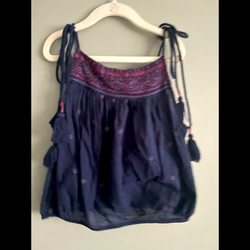 Free People cropped tank with tassels, Blue with embroidered top, size XS
